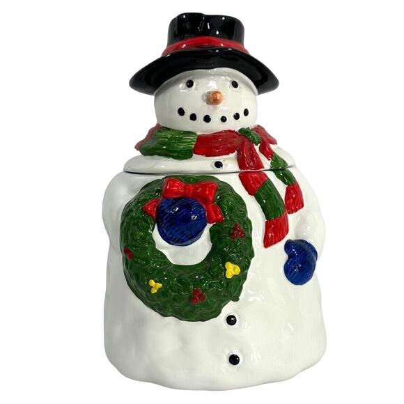 Snowman and Wreath Christmas Holiday Cookie Jar - Picture 1 of 4